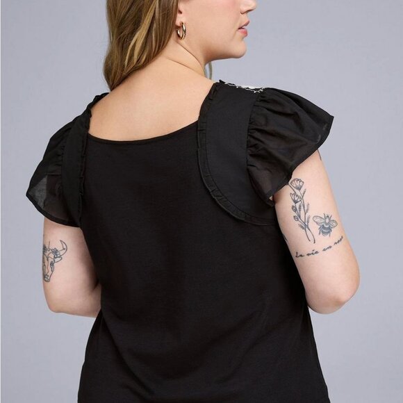 Torrid women plus size 1X belle isle jersey flutter embroidered top deep black - Picture 2 of 4